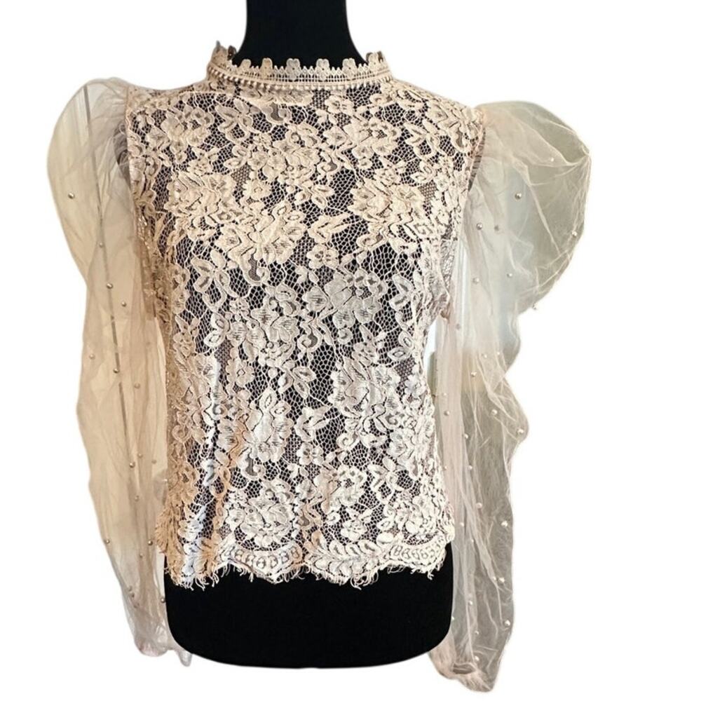 Peach Lace Top Blouse Pearl Tulle Sleeves Mock Neck